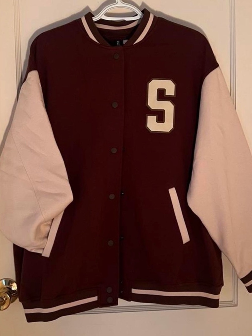 Divided Two-Tone Varsity Jacket in Maroon and Light Pink